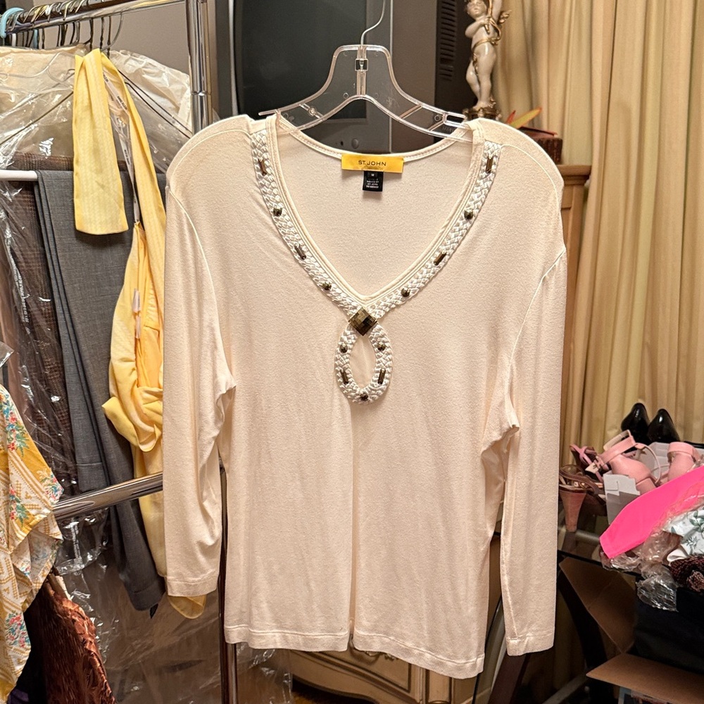 St. John Cream V-Neck Blouse with Pearl Accents